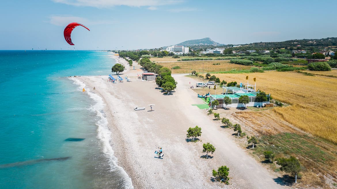 Rhodos Theologos: An der Kite- und Wing/Windsurf Station findet man ausreichend Platz Rhodos Theologos: An der Kite- und Wing/Windsurf Station findet man ausreichend Platz
